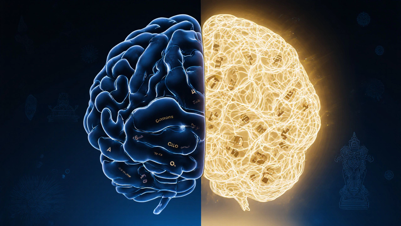 Split brain illustration showing English and Tamil sentence structures as contrasting neural pathways.