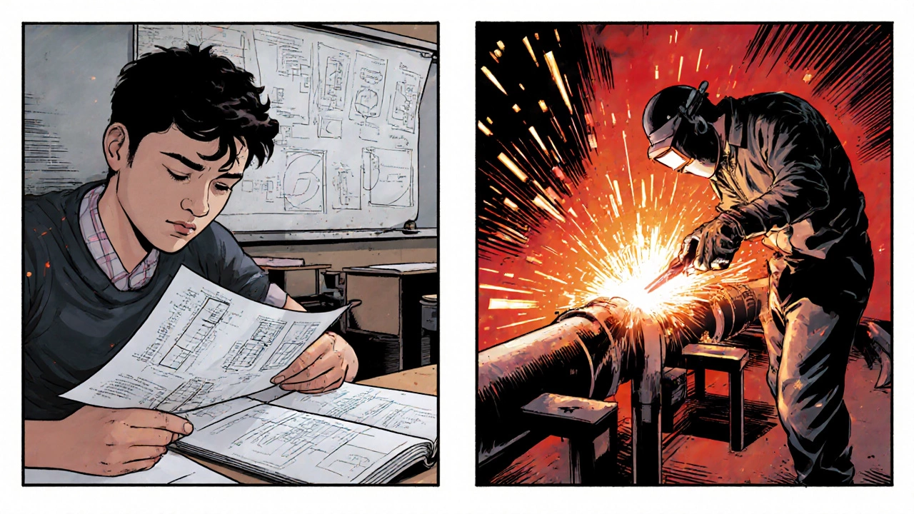 Split scene: student with textbook vs. same person welding pipes with sparks flying.