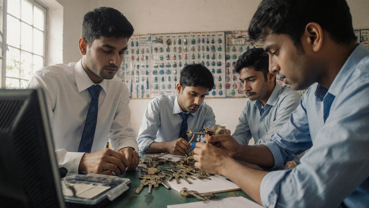 Students in a locksmith training lab practicing key extraction on real locks.