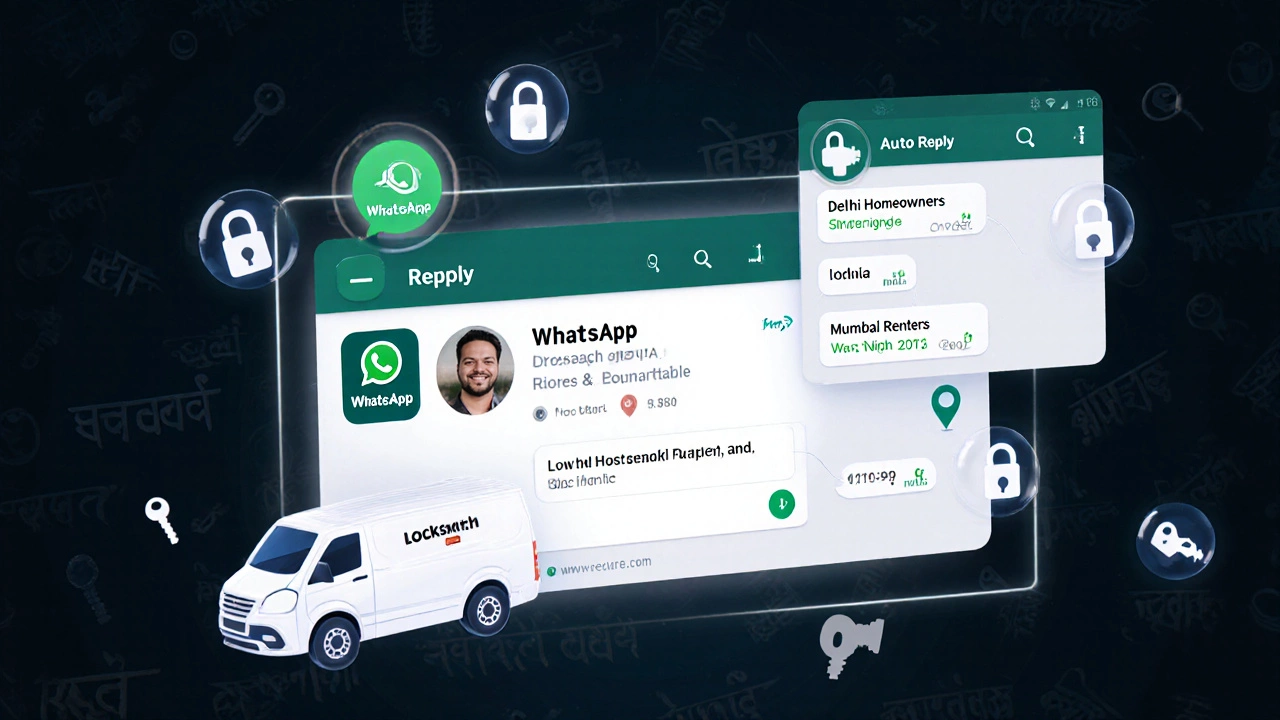 WhatsApp business profile interface with lock-related icons and local group chats floating in digital space.