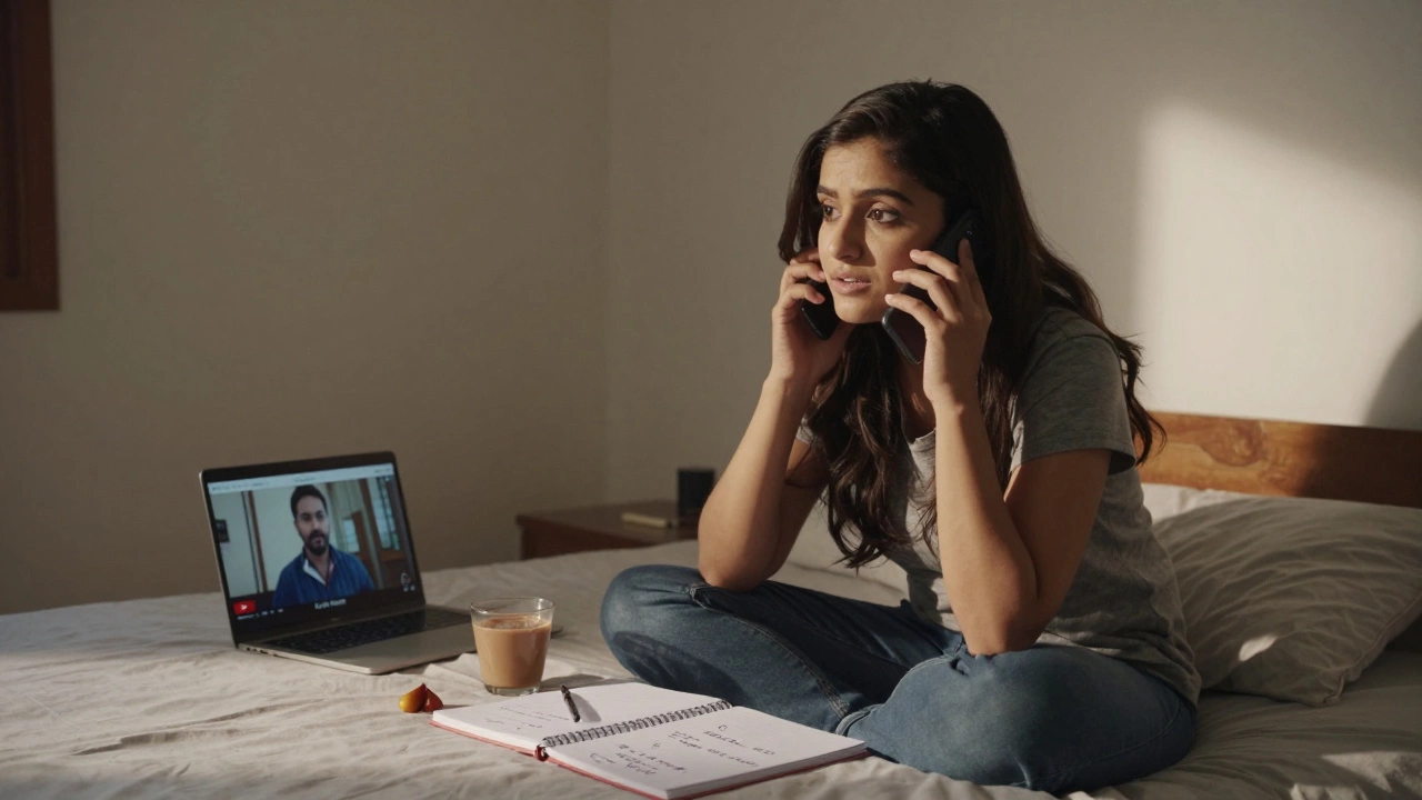 A young woman speaking English aloud into her phone at home in the morning, inspired by a YouTube lesson.