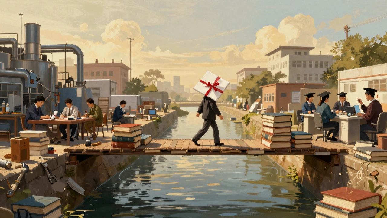 Bridge connecting diploma holders and graduates under golden hour light.