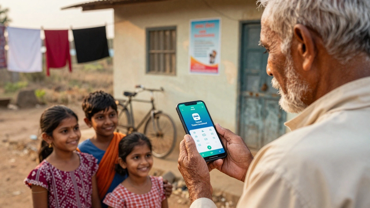 Elderly man booking a bus ticket on his smartphone with family nearby in rural India.