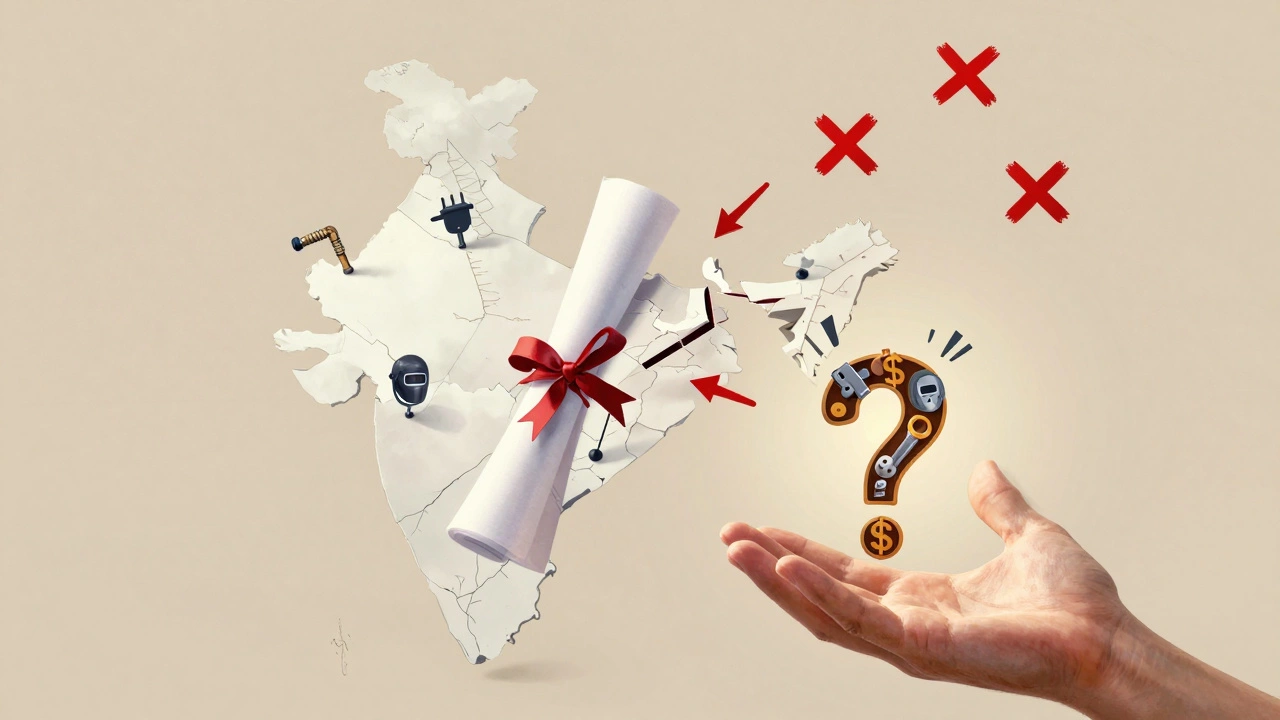 Fragments of a diploma above a map with blocked job paths across Indian cities.
