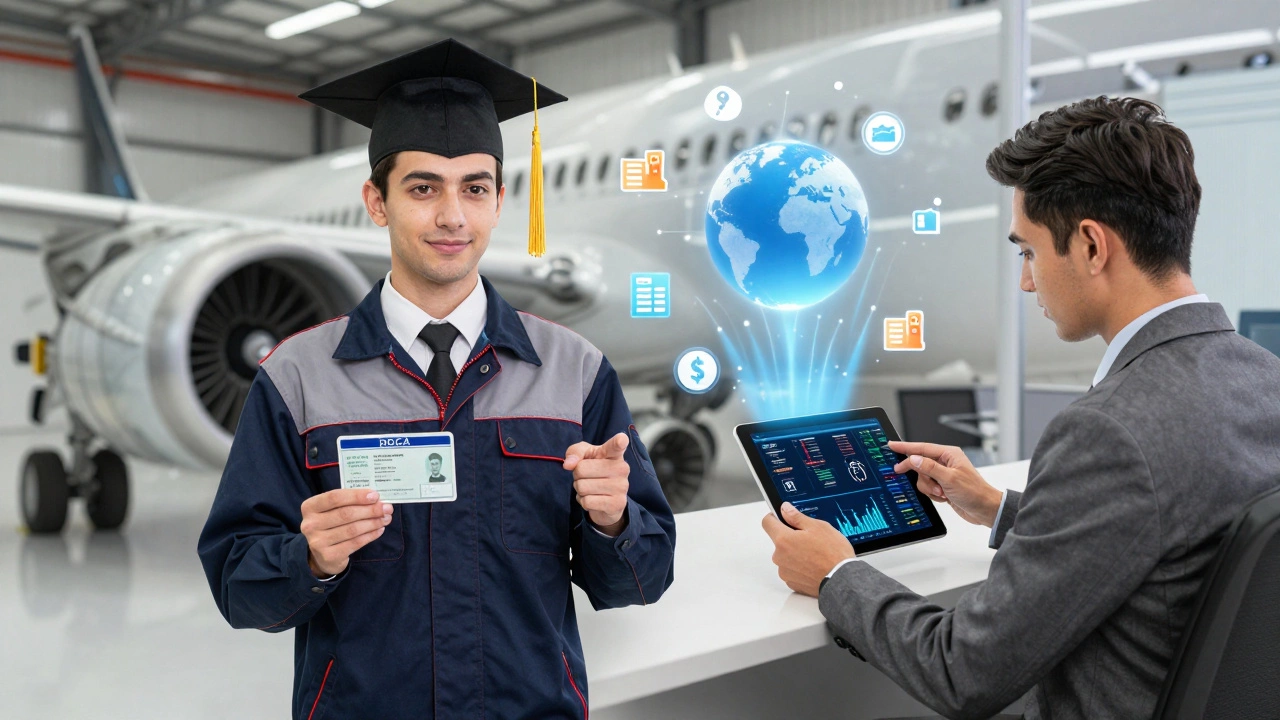 Graduate with aviation license beside airplane engine, then in Dubai office.