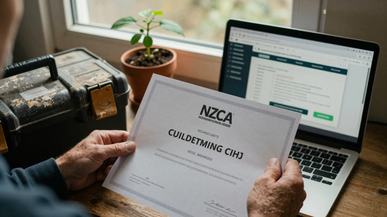 Hands holding a training certificate next to tools and a laptop, symbolizing new beginnings.