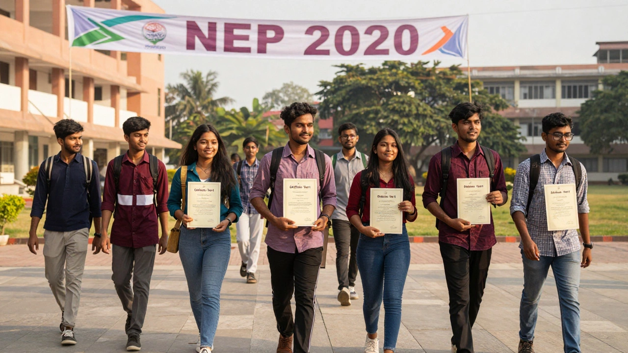 Indian students walking on campus holding exit certificates for different BA stages under NEP 2020.