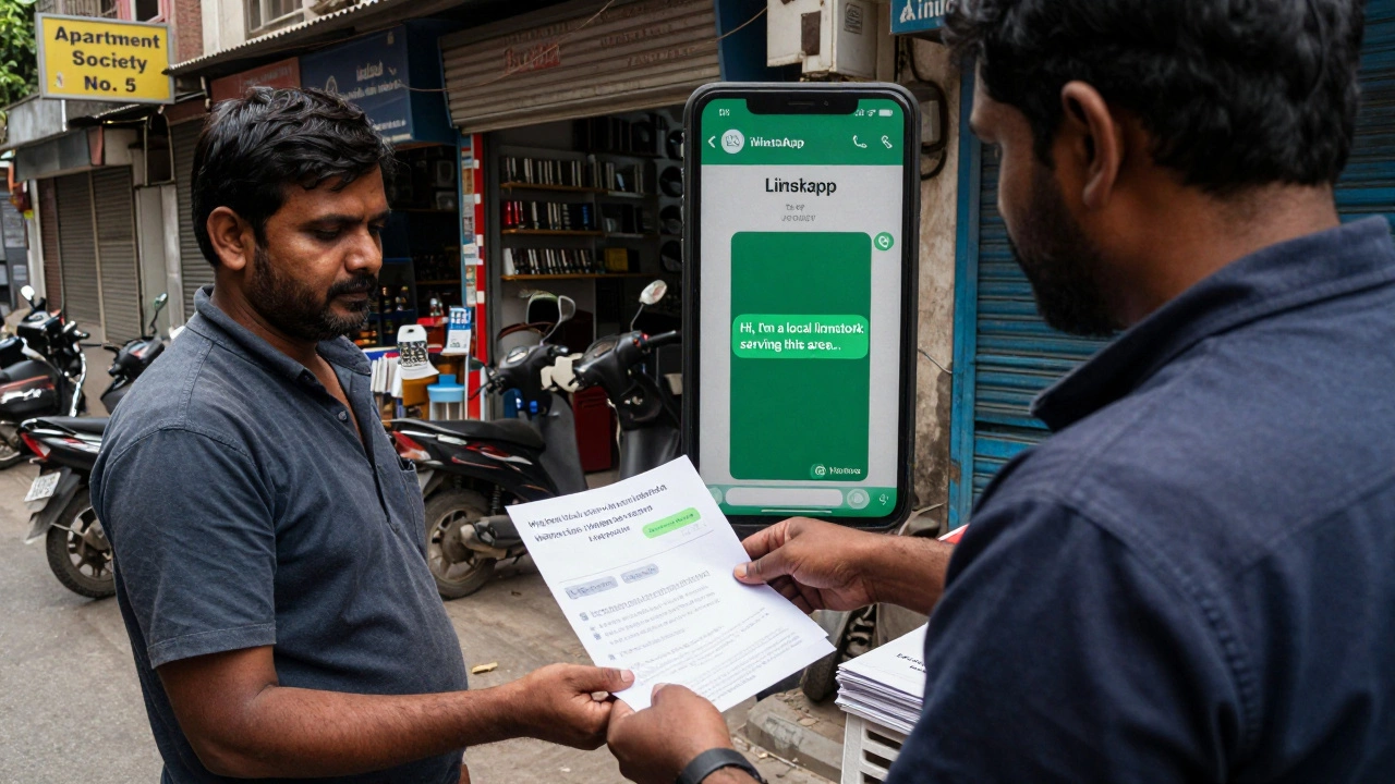 Locksmith handing out flyers to a hardware store owner in a Delhi neighborhood, with a WhatsApp chat visible on a phone.
