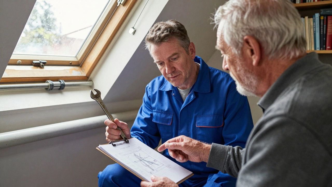 Plumber explaining a plumbing issue to a homeowner using a diagram in a sunlit attic.