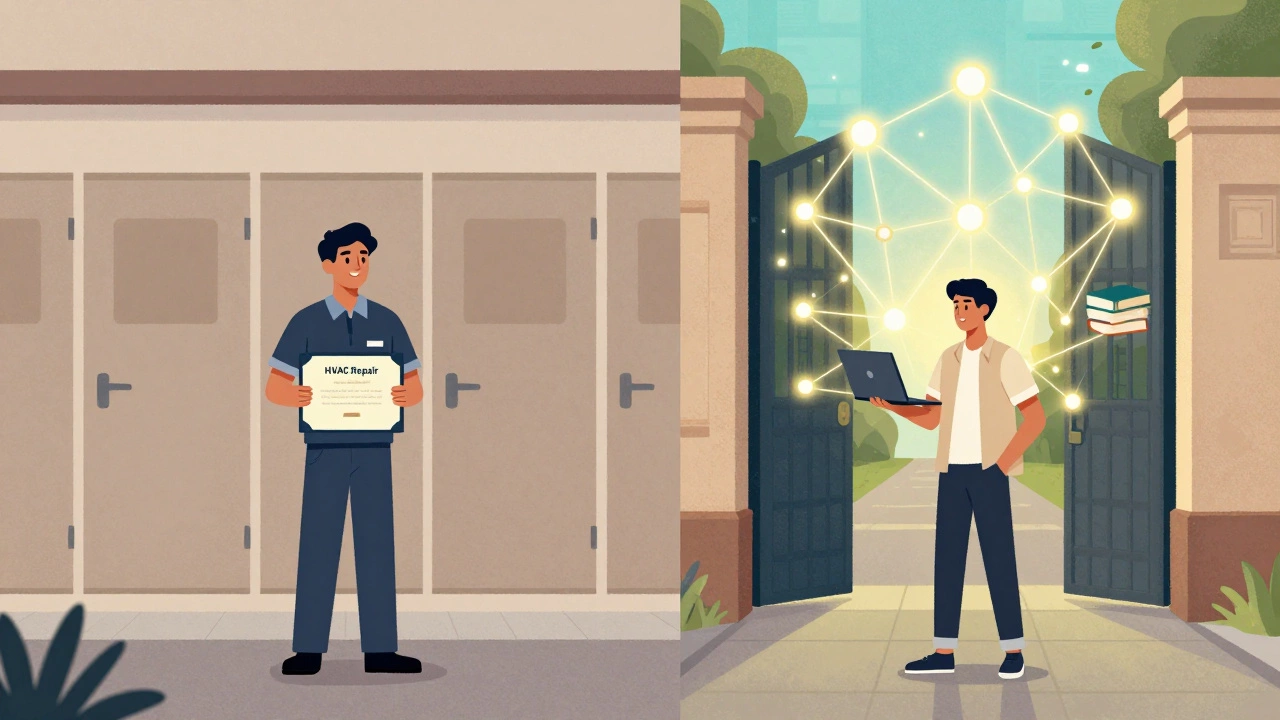 Split image showing closed doors for technical training versus open university gate.