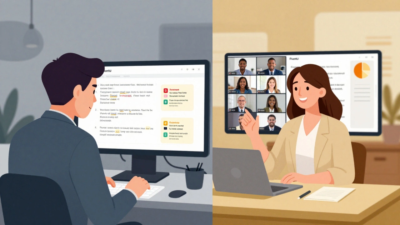 Split-screen comparison: left shows grammar drills, right shows a woman confidently leading a Zoom meeting in English.