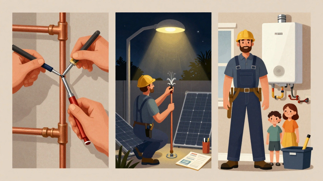 Three-panel visual showing a plumber&#039;s journey from training to expert work with solar water heater.
