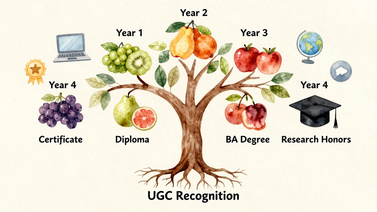 Tree with four branches representing BA exit points, symbolizing education flexibility under NEP.