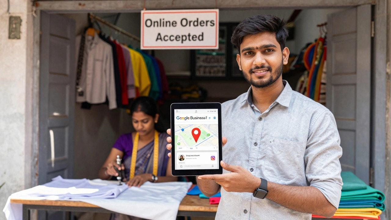 Young man showing a small business owner how to create an online profile on a tablet.