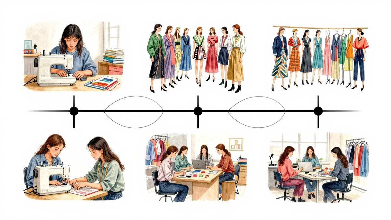 A visual timeline showing a fashion designer's journey from home sewing to presenting a collection.