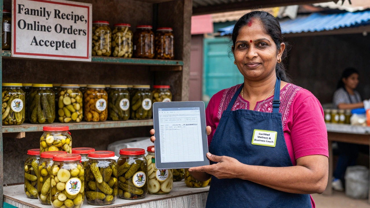 A woman runs a home-based pickle business with a certified coaching badge and tablet.
