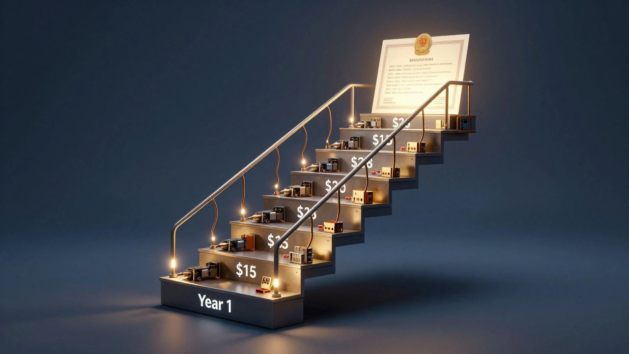 Artistic staircase of electrical components symbolizing apprenticeship pay progression to journeyman license.