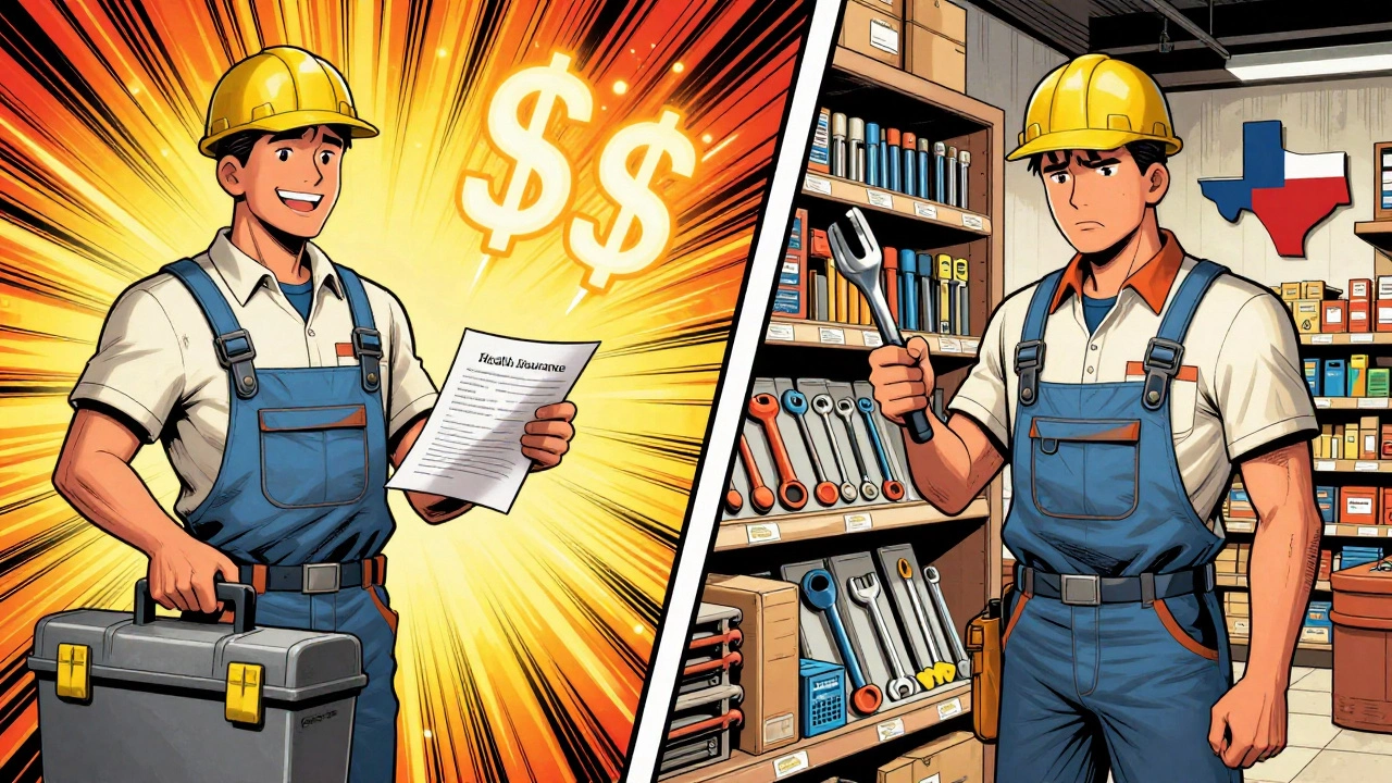 Comic-style contrast between union apprentice receiving benefits and non-union apprentice buying tools.