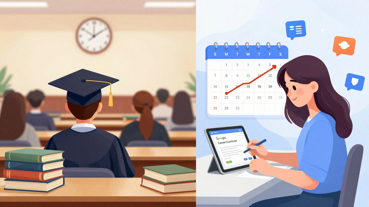 Contrasting scenes: student in lecture hall vs. learner earning a certificate at home with rising salary icons.