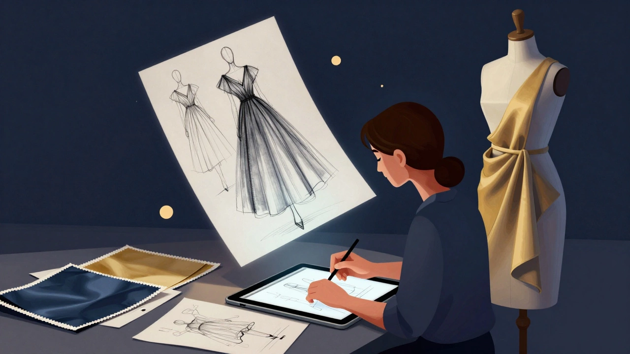 Designer using digital tools with floating sketches and fabric samples nearby