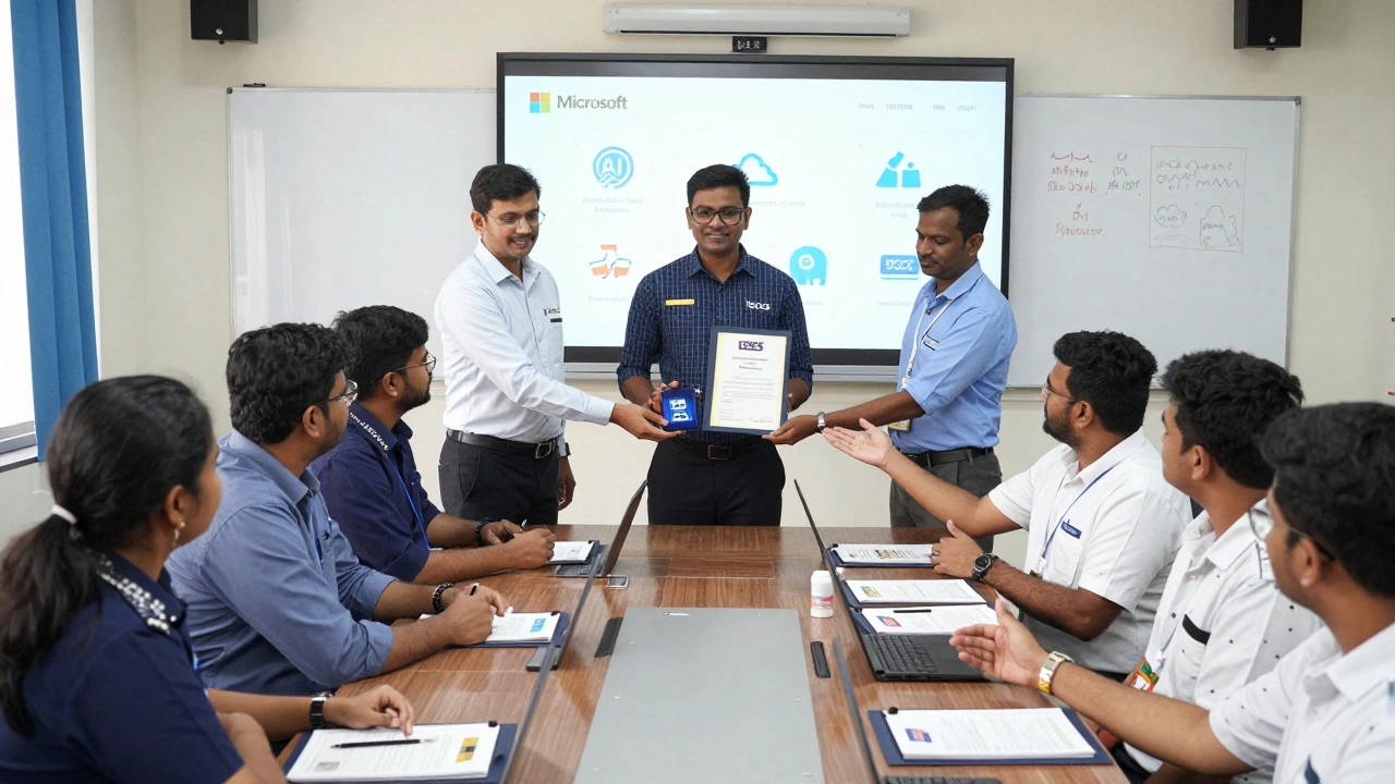 Diverse Indian workers receiving industry certifications from a trainer in a corporate training room.