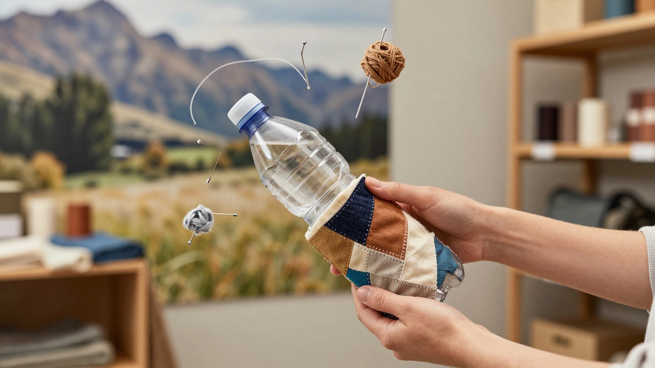 Hands transforming a plastic bottle into a hand-stitched bag amidst floating fabric and thread.