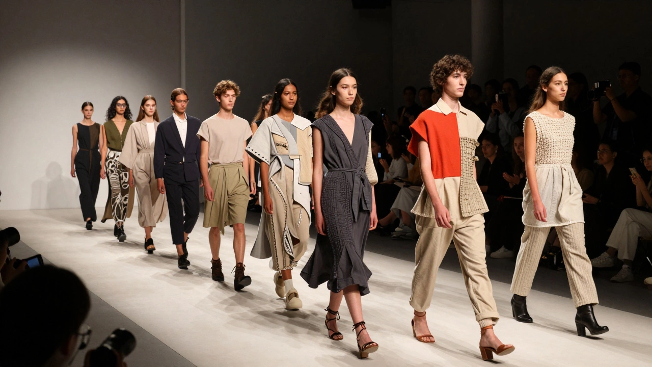 Students presenting fashion collection on runway with buyers in attendance