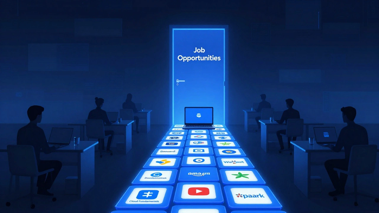 A glowing digital path leading from a laptop to job opportunities at major companies.
