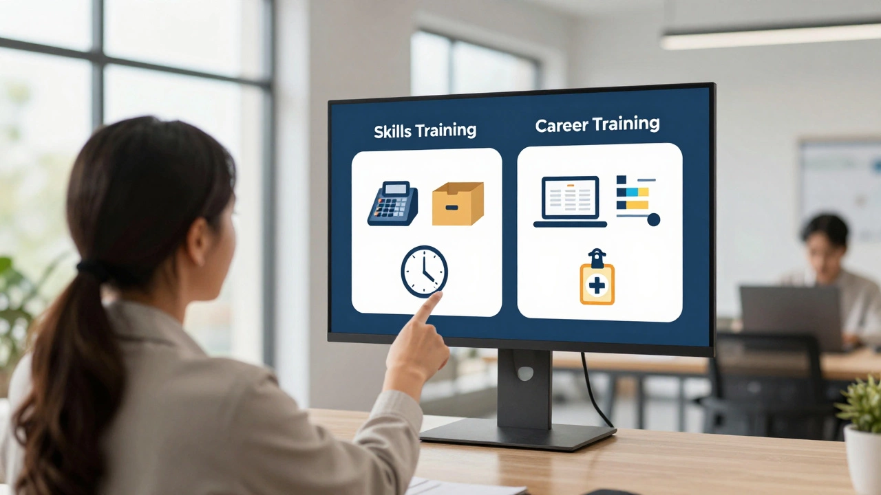 A job counselor showing digital program options for skills and career training in a bright office.