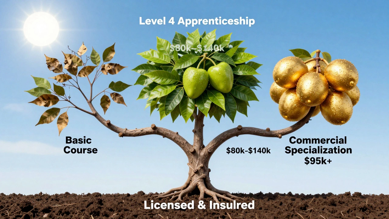 A symbolic tree showing career paths in plumbing, with the licensed path bearing the highest earnings.