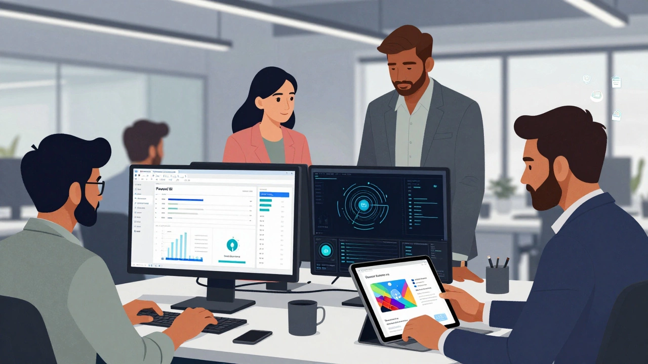 Diverse Indian professionals working with Power BI, Wireshark, and social media tools in office