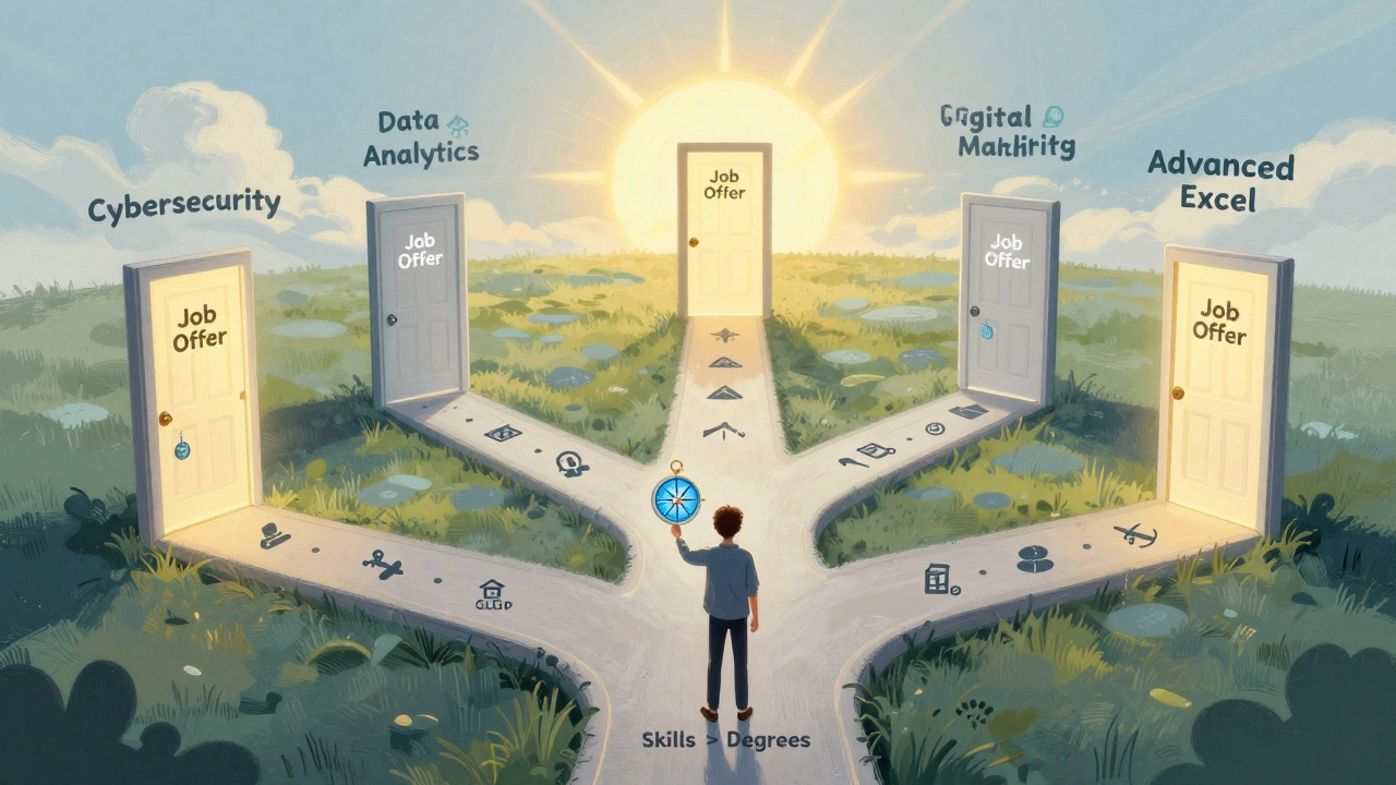 Five career paths leading to job doors, learner choosing skills over degrees under sunrise