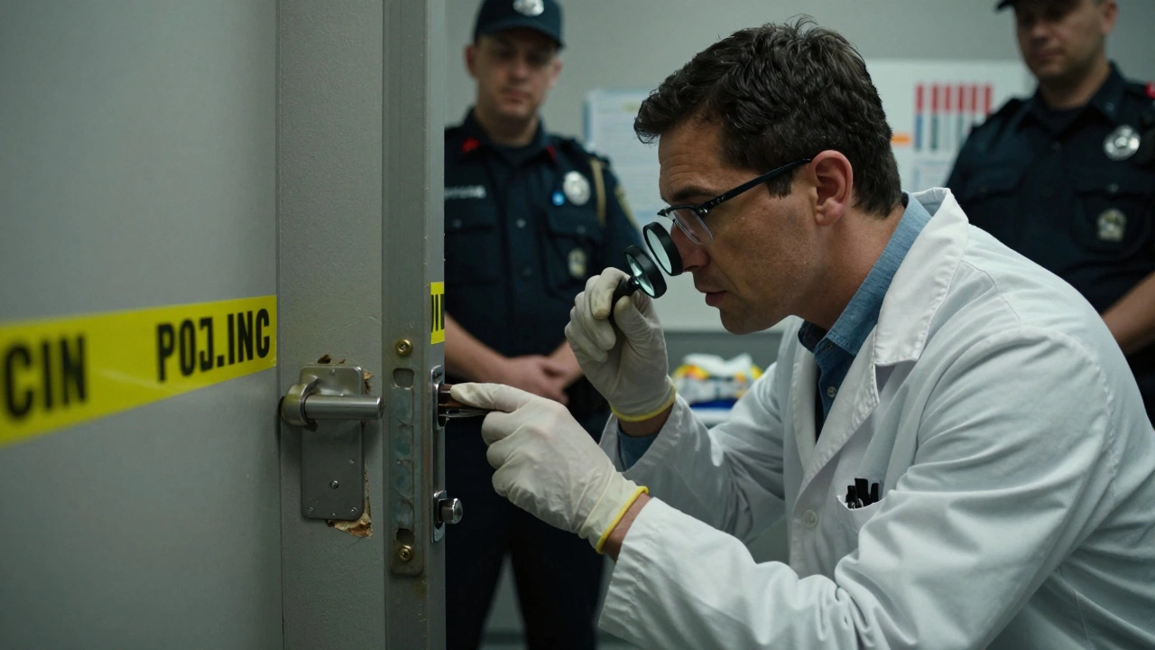 Forensic locksmith examining a damaged lock at a crime scene under police supervision.