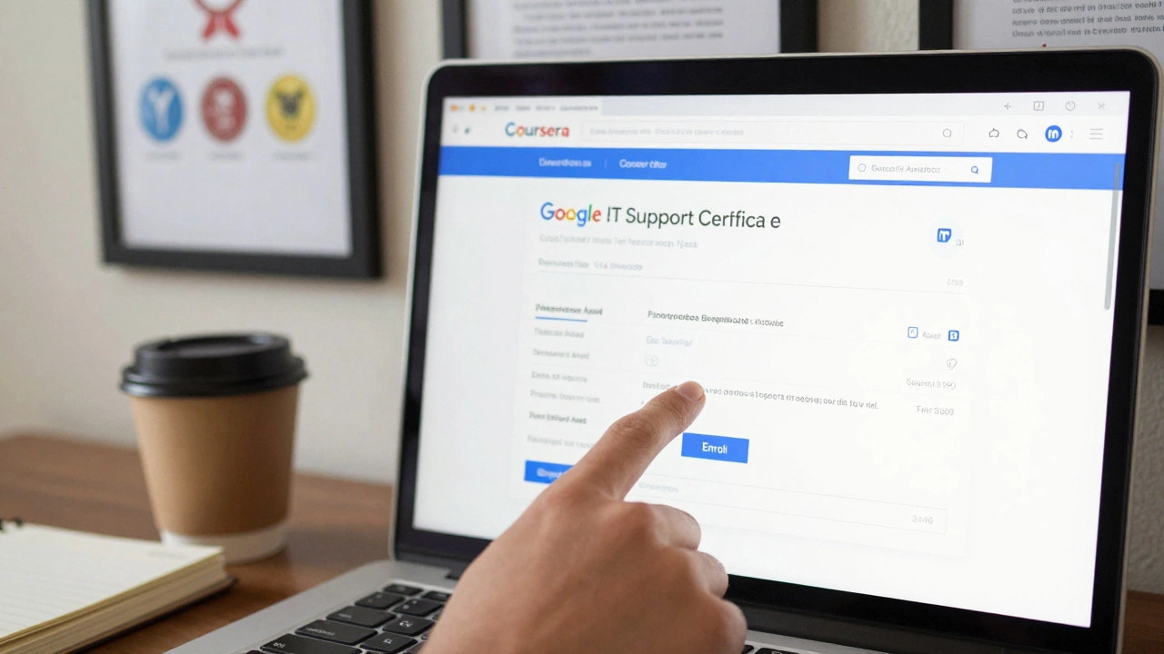 Hand clicking 'Enroll' on Coursera for a free Google IT Support Certificate.