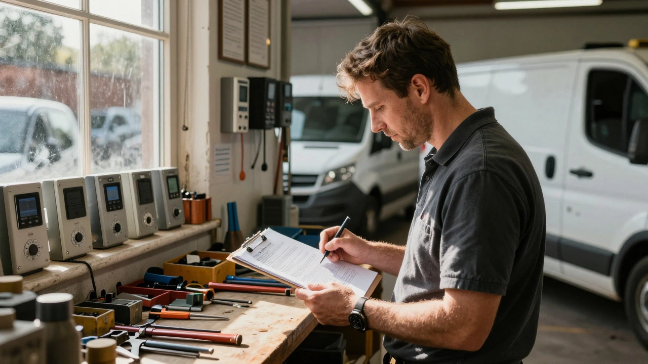 Self-employed locksmith in workshop with tools and vans, reviewing contracts and certifications.