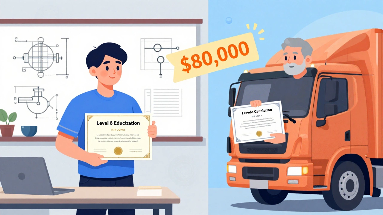 Split image: student earning a technical diploma on one side, worker receiving trade certification on the other.