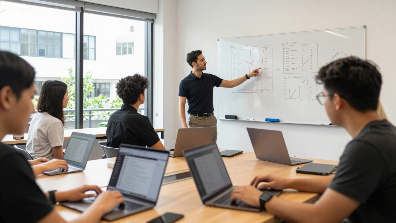 Students in a modern bootcamp working on live digital marketing campaigns with a trainer.