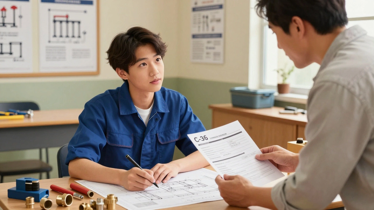 Young apprentice learning plumbing techniques in a California trade school classroom.