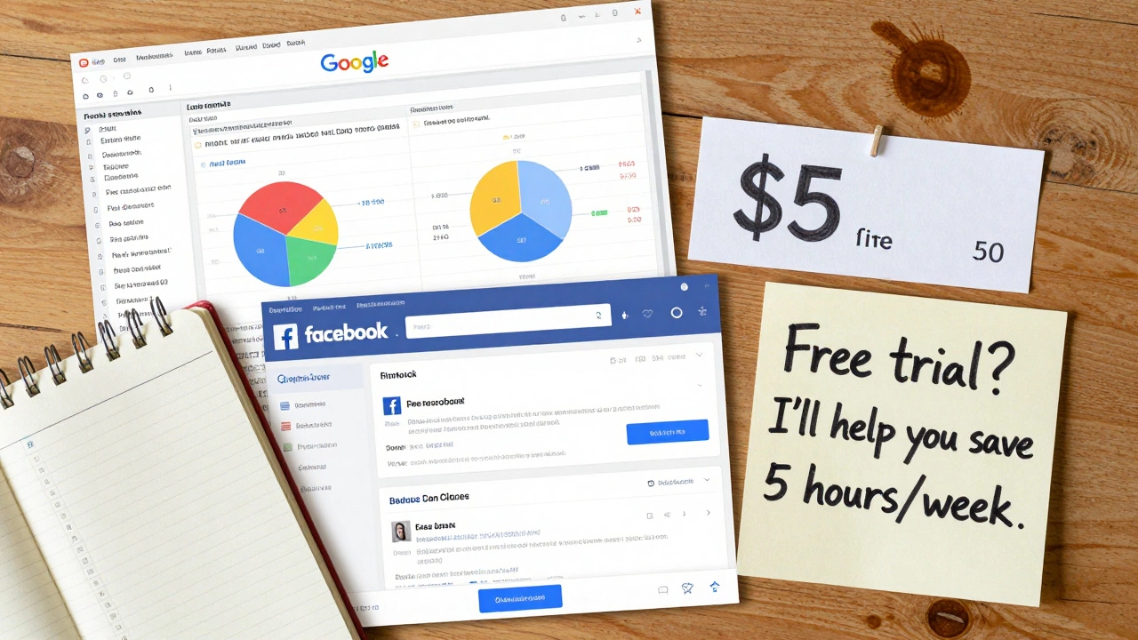 A collage of a spreadsheet report, Facebook ad dashboard, and a note offering free help.
