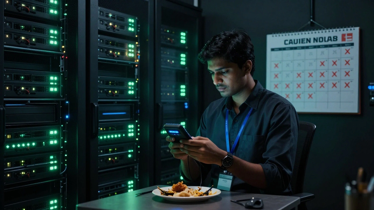 A DevOps engineer in a server room, illuminated by blinking lights, holding a vibrating pager amid a calendar full of marked weekends.