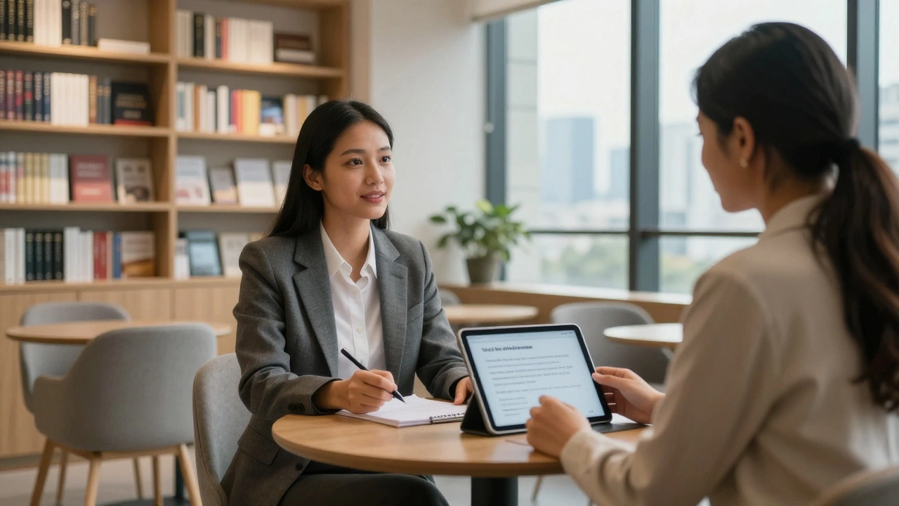 A professional receiving personalized English coaching in a modern studio with real-time feedback on a tablet.