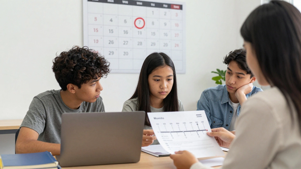 A student and counselor reviewing a 24-month training timeline with a highlighted deadline.