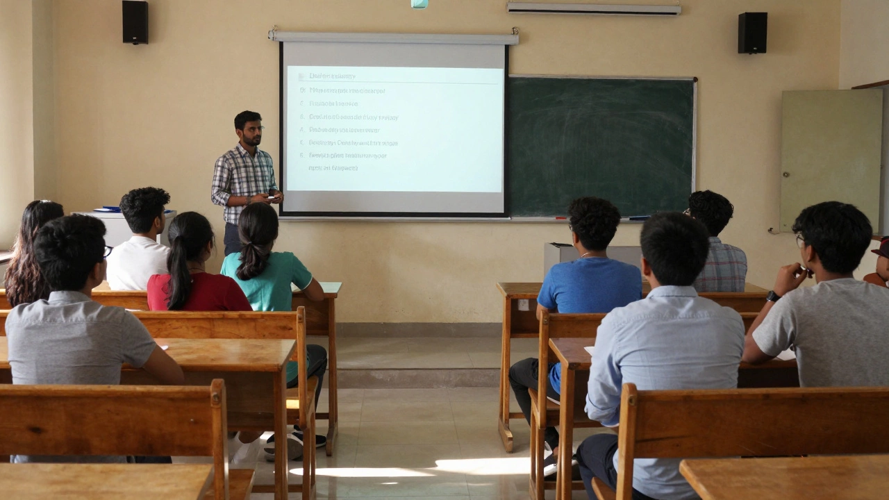 A student attending an affordable evening English class at Delhi University with peers and a faculty instructor.