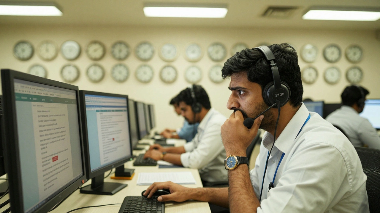 An IT support agent in a call center, stressed while handling international client issues under fluorescent lights.
