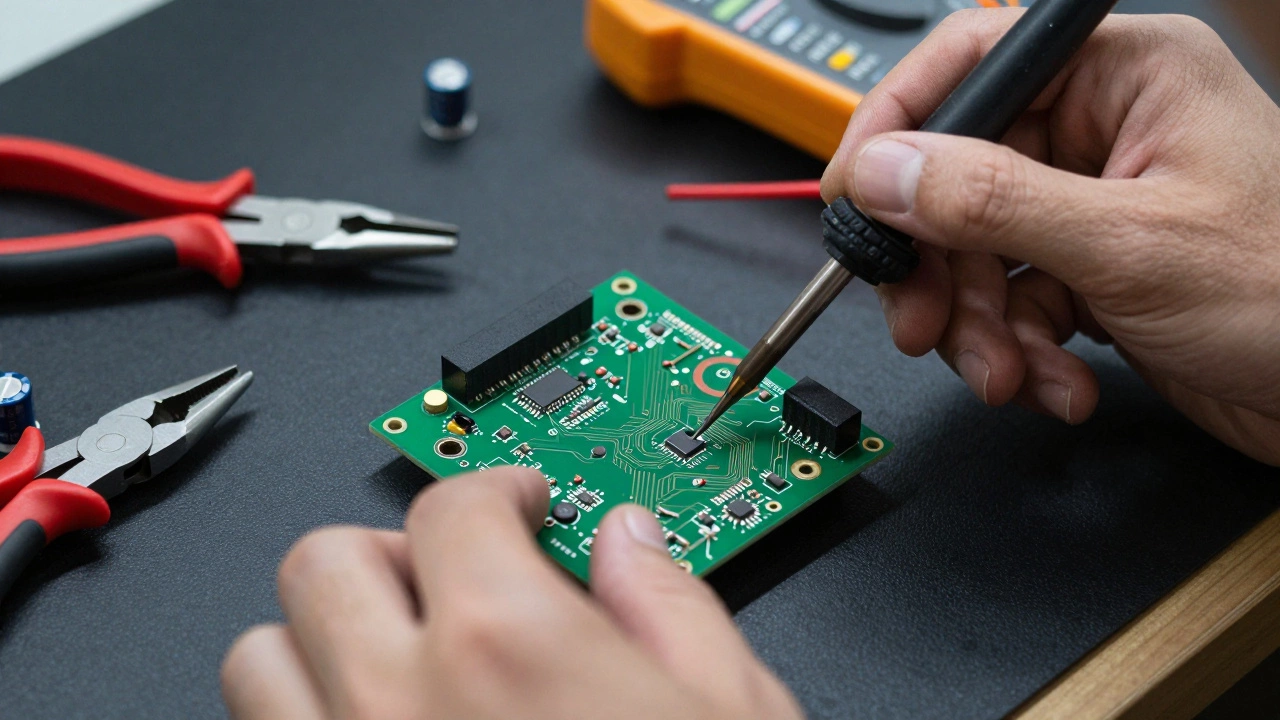 Hands soldering components on an electronic circuit board