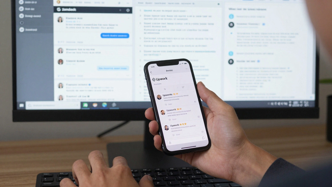 Hands typing on a keyboard with Zendesk chat windows and Upwork reviews visible.