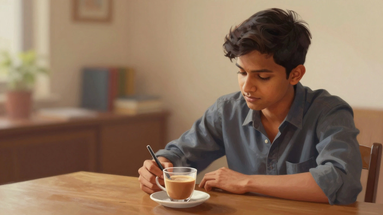 Indian student sitting at a wooden desk with a cup of chai and pen in hand.
