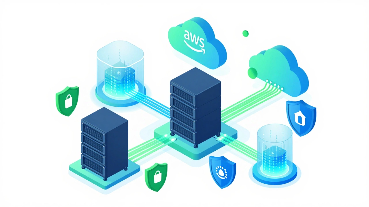 Isometric view of cloud servers and security shields floating