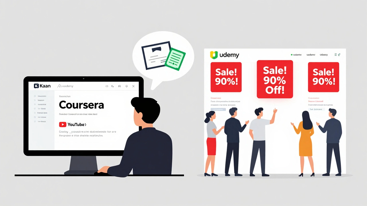 Learner comparing free learning platforms like Khan Academy and YouTube with Udemy's sales banners.