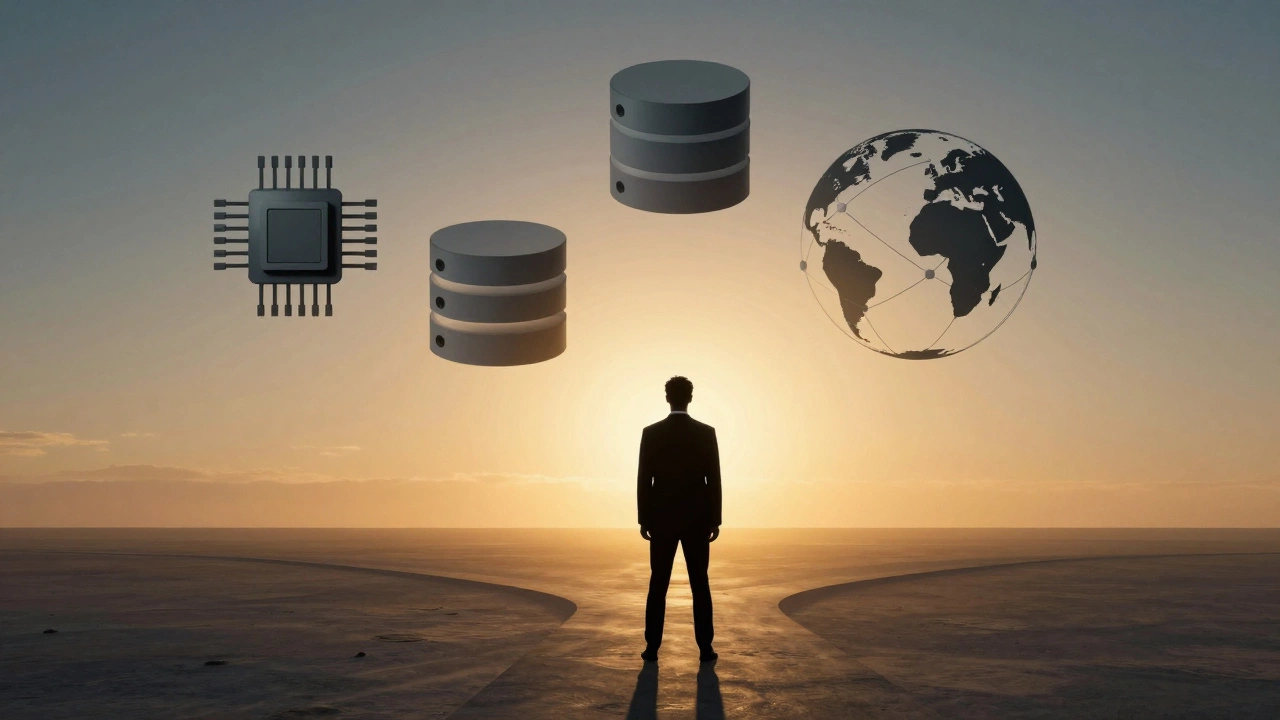 Professional viewing glowing tech symbols representing career paths